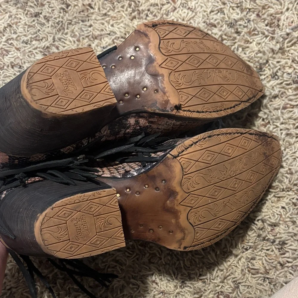 Tony Lama Fringe Snake-Print Ankle Boots - Brown - Picture 4 of 7